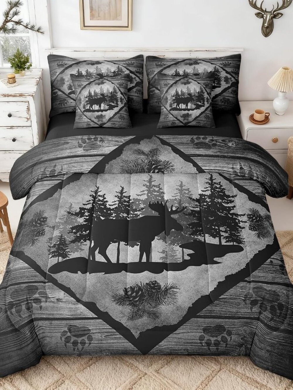 7 Pcs Lodge Cabin Comforter Set Full Size Vintage Grid Wooden Stripes Rustic Far